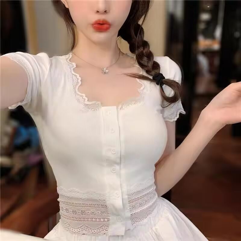 Summer 2024 New Women's Lace Short Sleeve T-Shirt Spicy Girl Short Slim Fit Solid Color Hotsweet Temperament Versatile Top