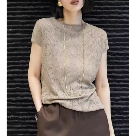 Short Sleeve T-shirt, summer,Women Tee, Niche Design, Jacquard, Chic And Stylish, Straight Shoulder Top, Versatile Small Tshirt