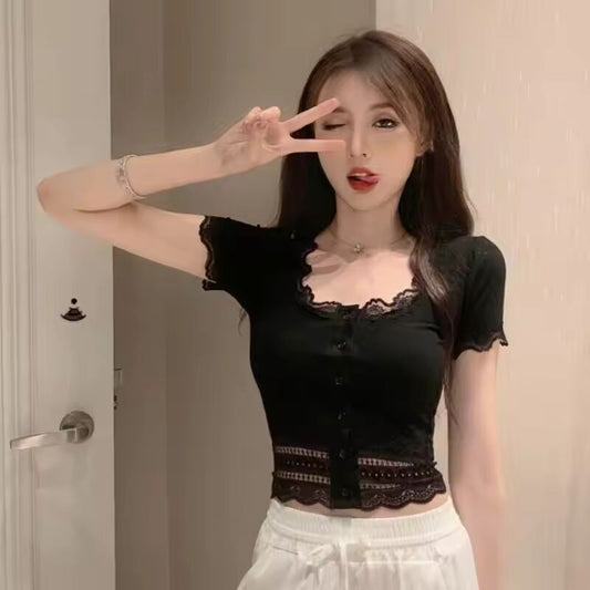 Summer 2024 New Women's Lace Short Sleeve T-Shirt Spicy Girl Short Slim Fit Solid Color Hotsweet Temperament Versatile Top
